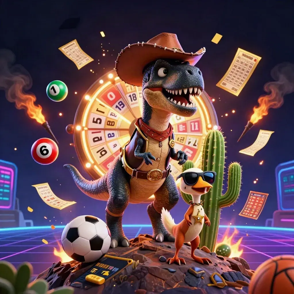 Cowboy T-Rex trio amid casino bursts, neon grid, treasure light, and sports betting props.