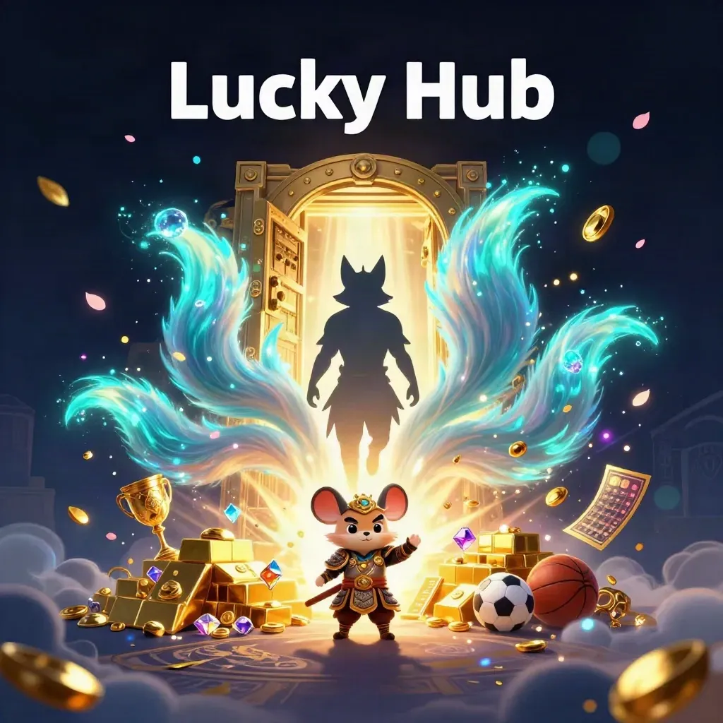 Nine-tailed fox spirit and golden-armored mouse before a bursting vault of treasure and neon lights.