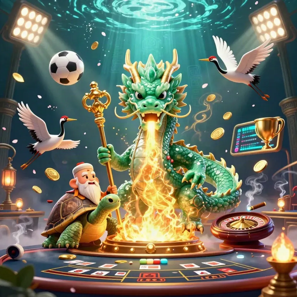 Emerald dragon, turtle sage, and cranes amid casino luxe, sports gear, coins, and underwater glow.