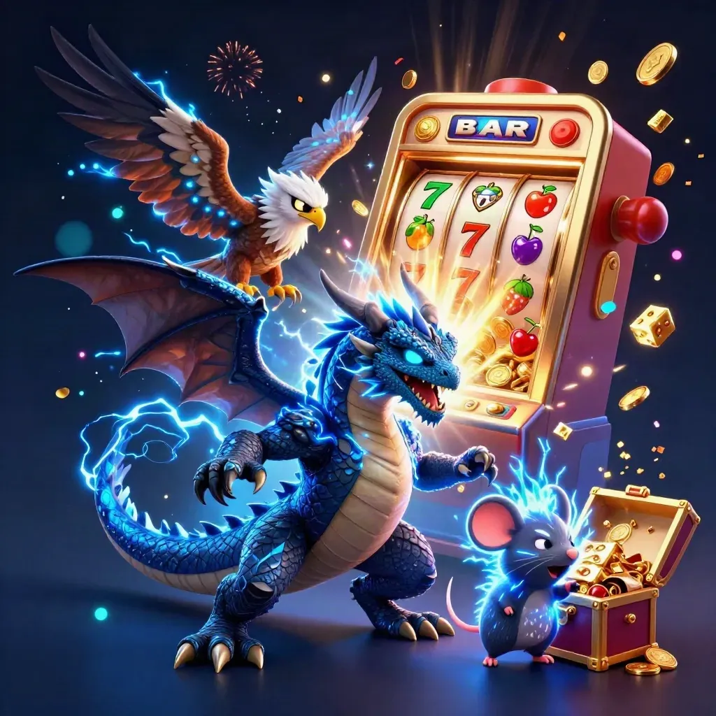 Thunder dragon, wind hawk, and static mouse amid a jackpot burst of gold and blue casino magic.