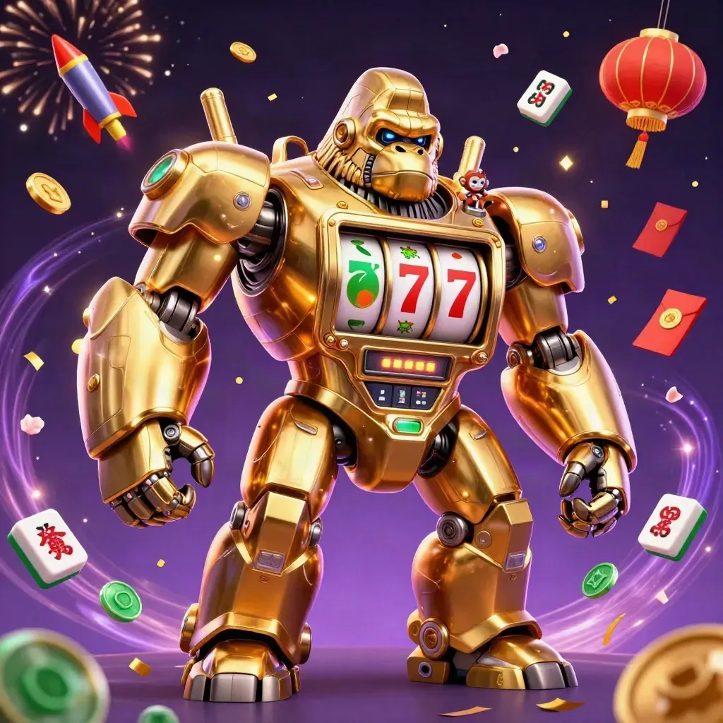 Golden gorilla slot mech with tiny monkey pilot, reels, lanterns, jade coins and fireworks
